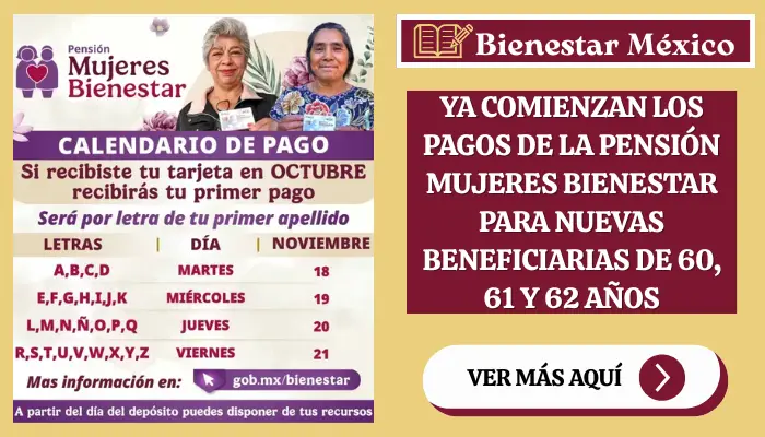 Ya Comienzan los pagos de la Pensión Mujeres Bienestar para nuevas beneficiarias de 60, 61 y 62 años