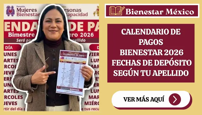 Calendario de pagos Bienestar 2026 con las fechas de depósito ordenadas por la primera letra del apellido