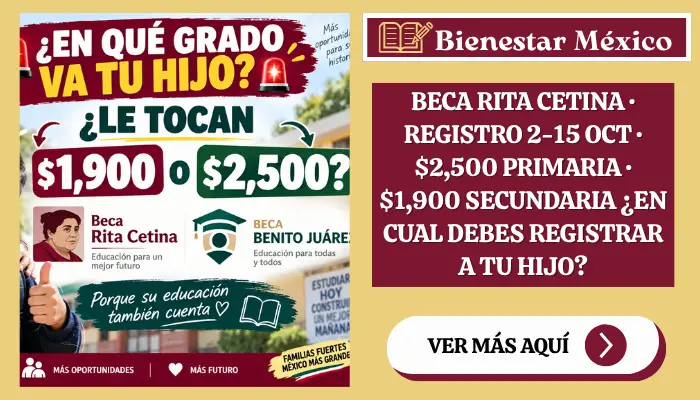 Registro de la Beca Rita Cetina 2026-2027 con montos de 2,500 y 1,900 pesos por grado escolar